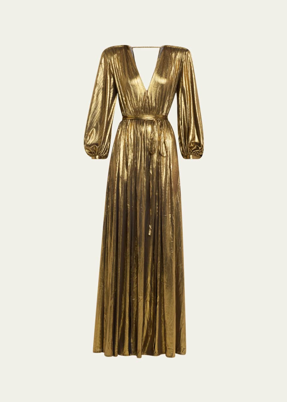 Image 1 of 1: Zoe Metallic Lame Blouson-Sleeve Gown
