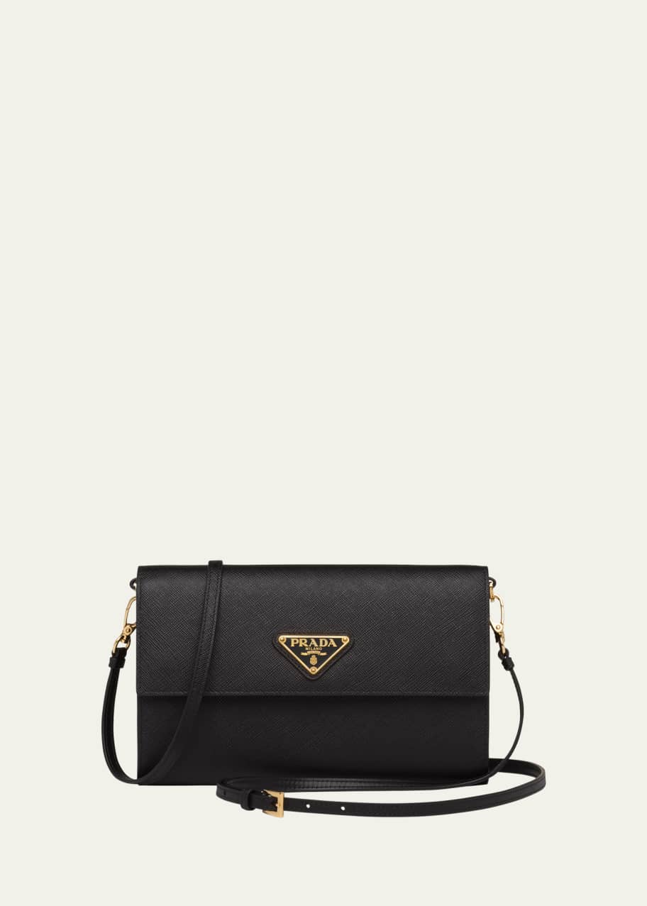 Black Saffiano Leather Wallet With Shoulder Strap