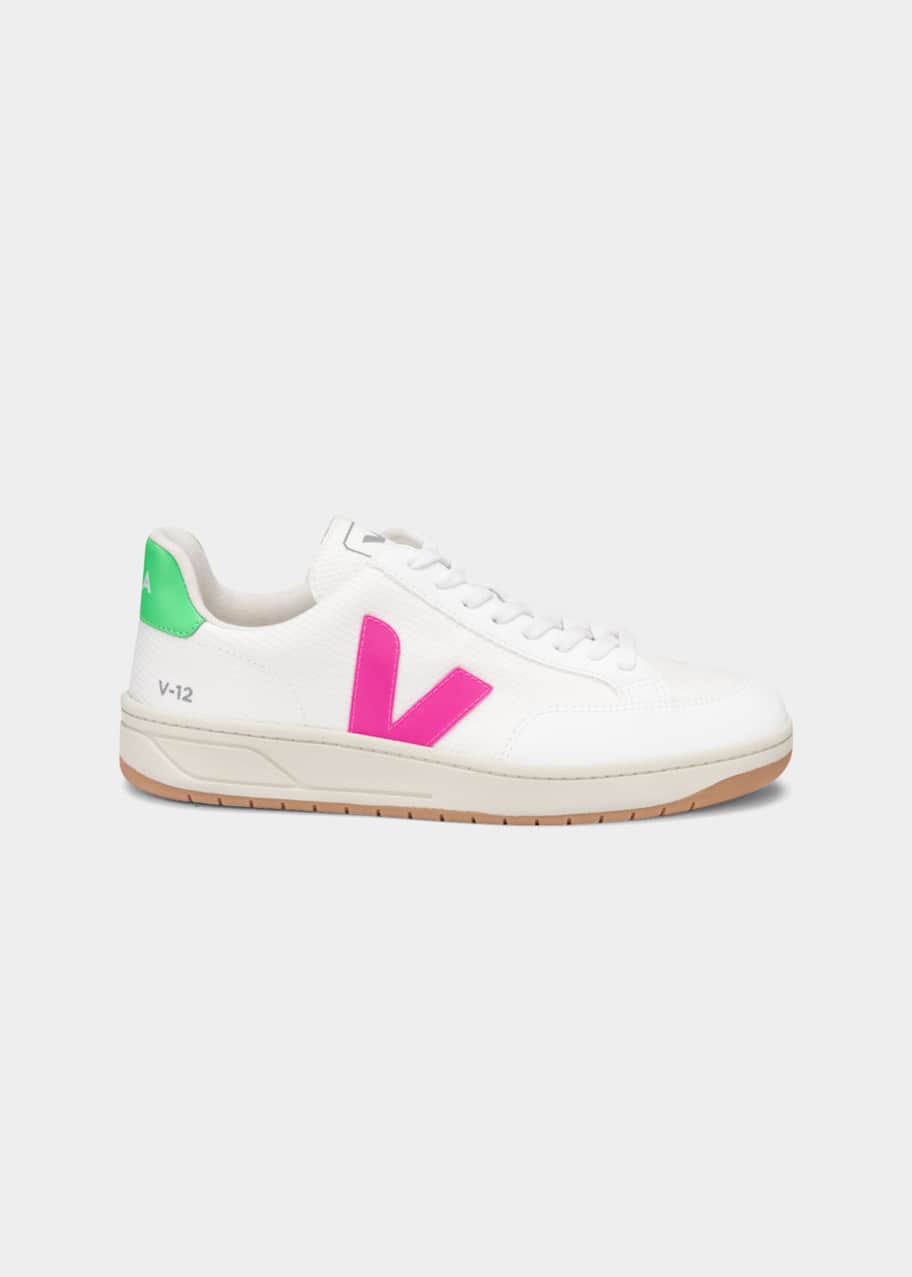 VEJA V12 Neon Mixed Leather Court Sneakers - Bergdorf Goodman
