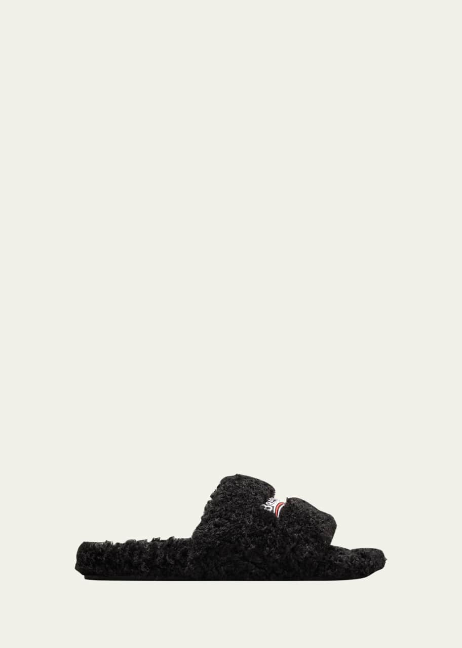 Balenciaga Men's Furry Logo Slide Sandals - Bergdorf Goodman