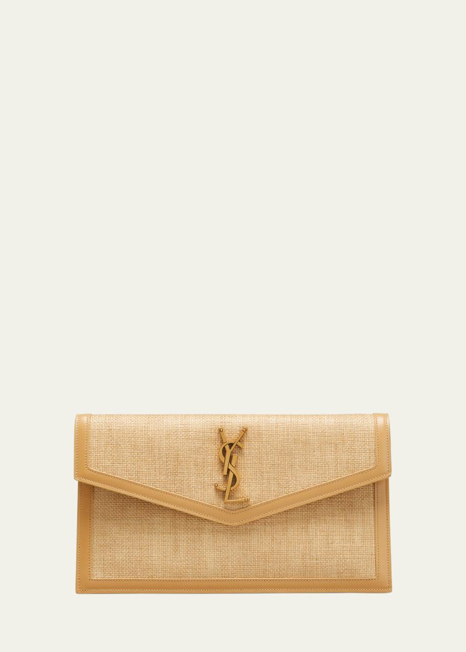 Saint Laurent Uptown Micro Raffia/Leather Envelope Flap Pouch Wallet ...