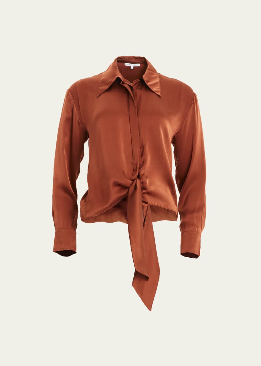 Image 1 of 1: Gem Long-Sleeve Front-Tie Silk Top