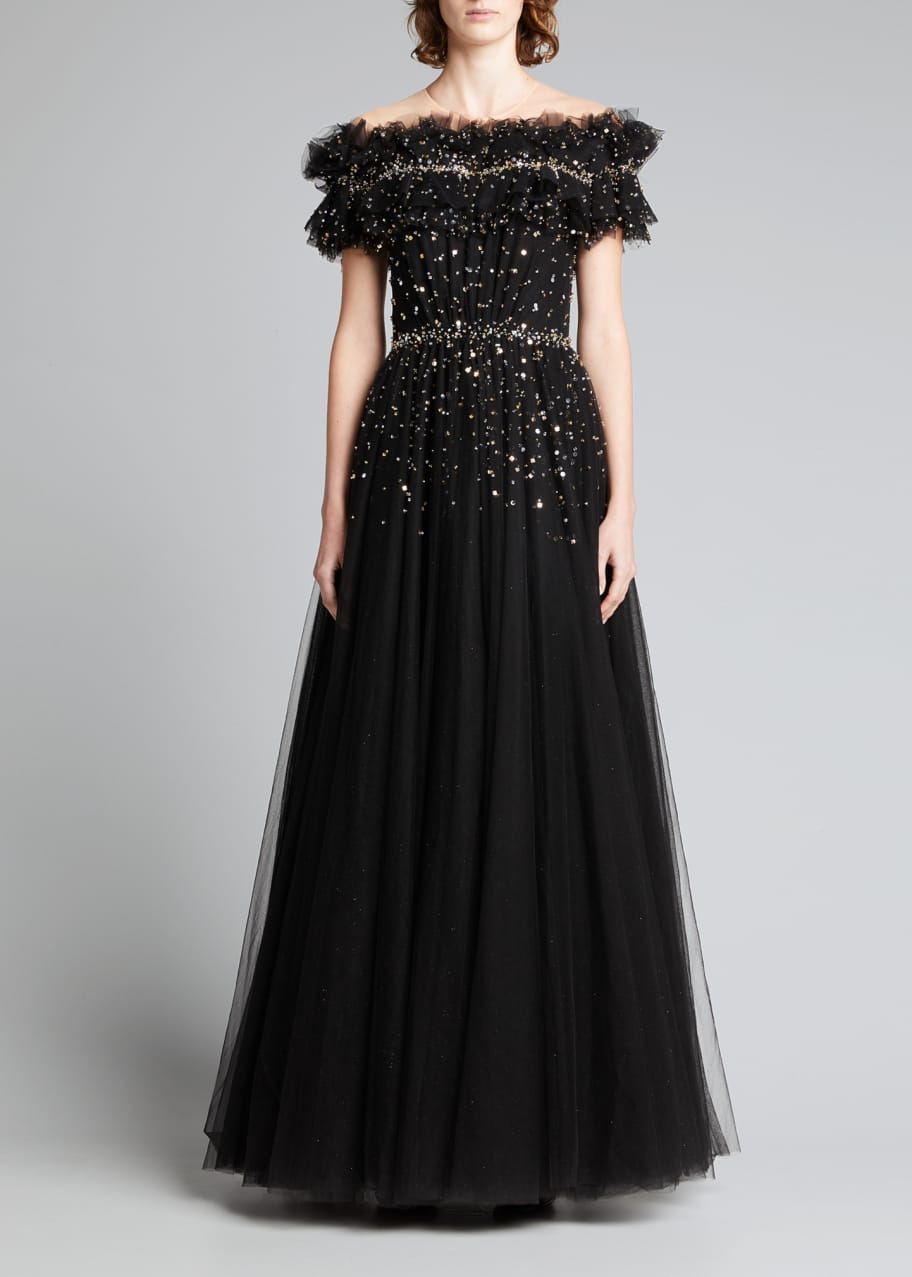 Jenny Packham Ruffle Off-Shoulder Illusion Gown - Bergdorf Goodman