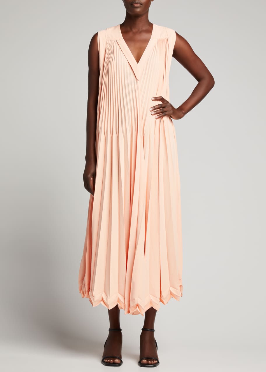 Sleeveless 3 Tier Pleated V Neck Maxi Dress