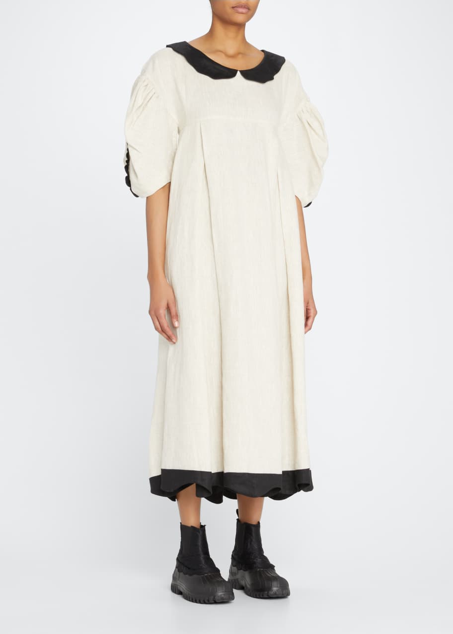 Kika Vargas Scallop Peter Pan Puff Sleeve Linen Midi Dress Bergdorf Goodman
