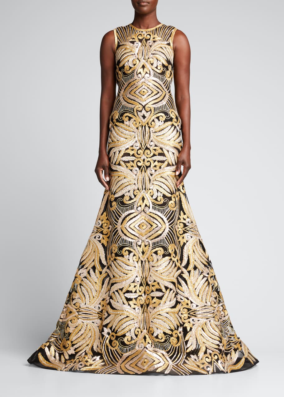 sachin and babi light blue dress Naeem Khan Ribbon Embroidered Open-Back Mermaid Gown