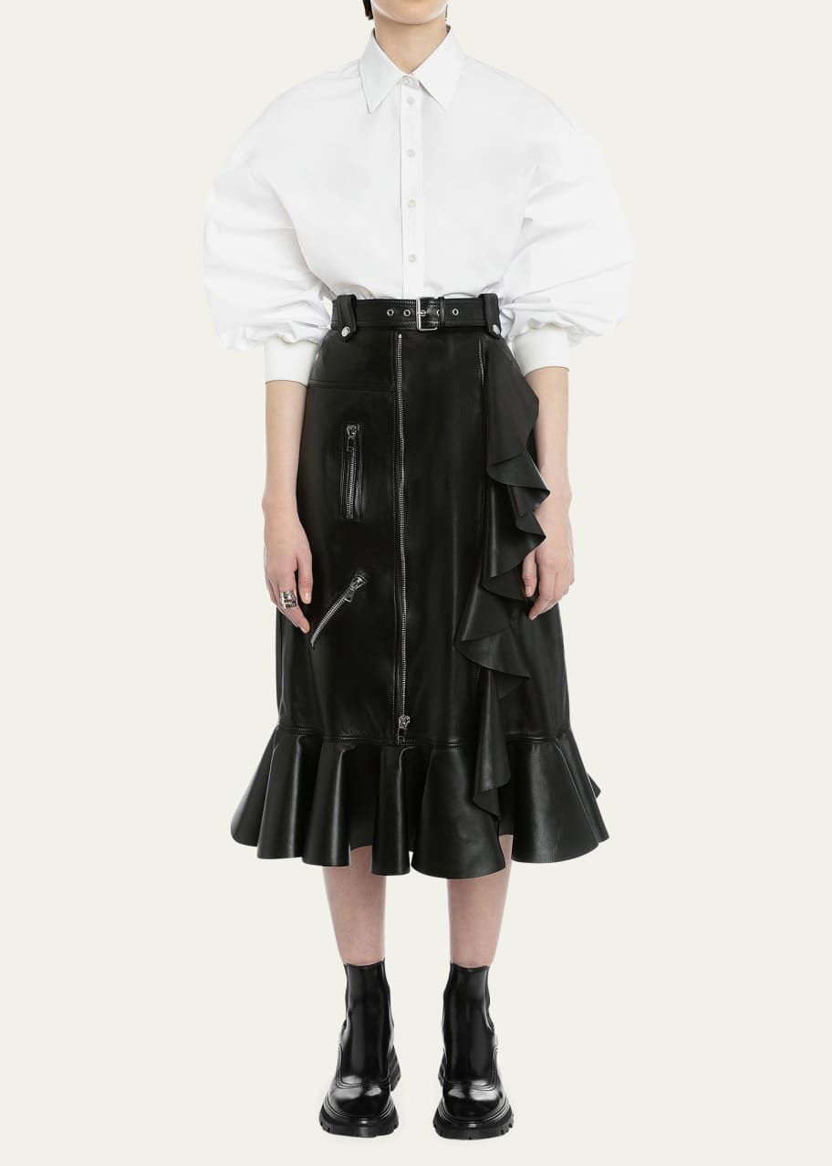 Alexander McQueen Leather Ruffle Belted Midi Skirt - Bergdorf Goodman