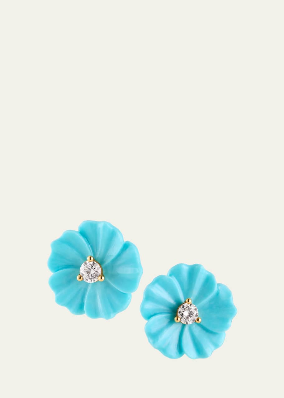 Image 1 of 1: Diamond and Turquoise Flower Stud Earrings