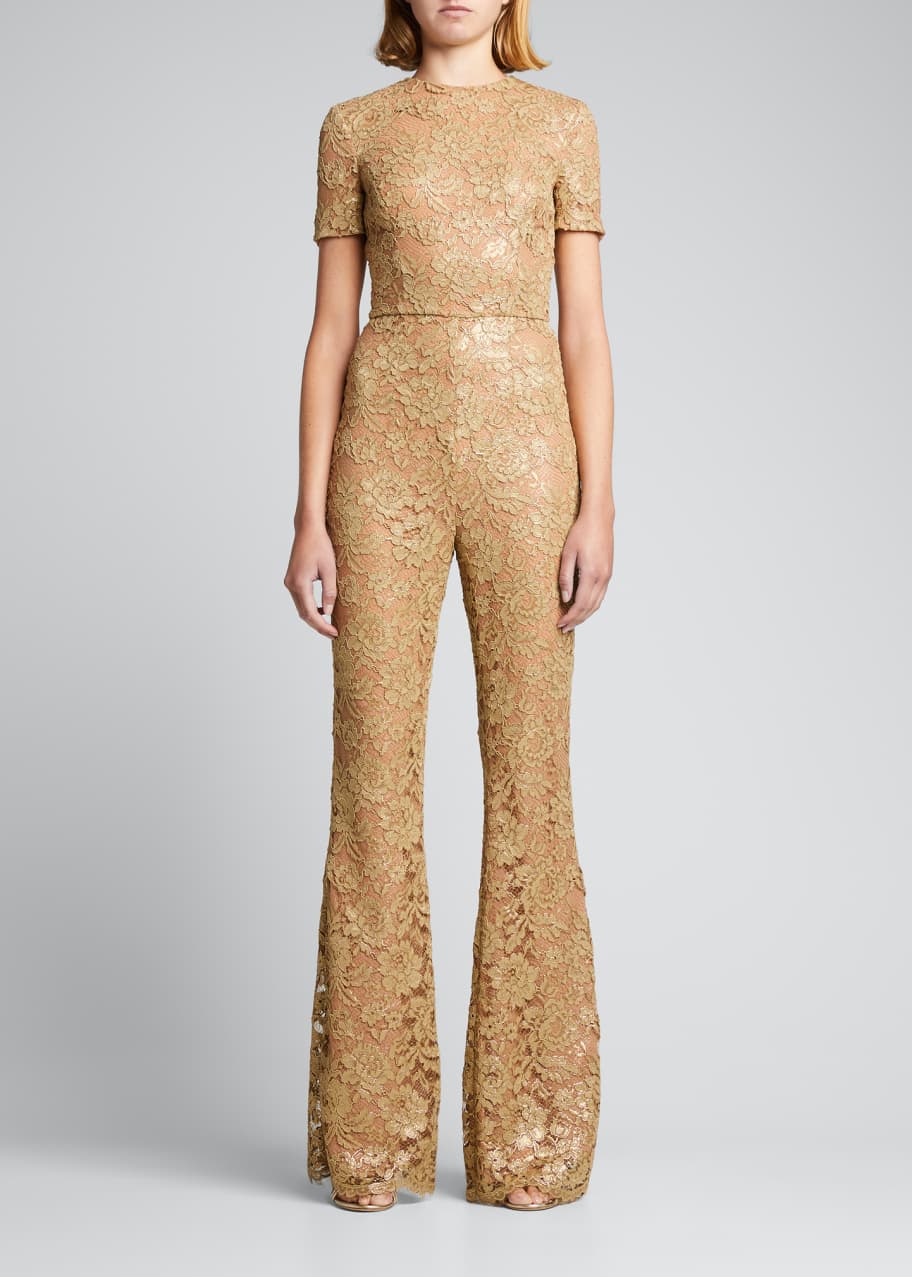 Michael Kors Collection Metallic Lace Flare Leg Jumpsuit