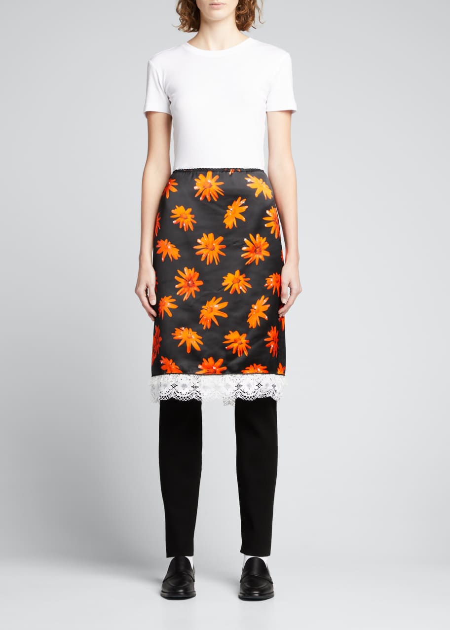 MERYLL ROGGE Daisy-Print Slip Skirt w/ Lace Detail - Bergdorf Goodman