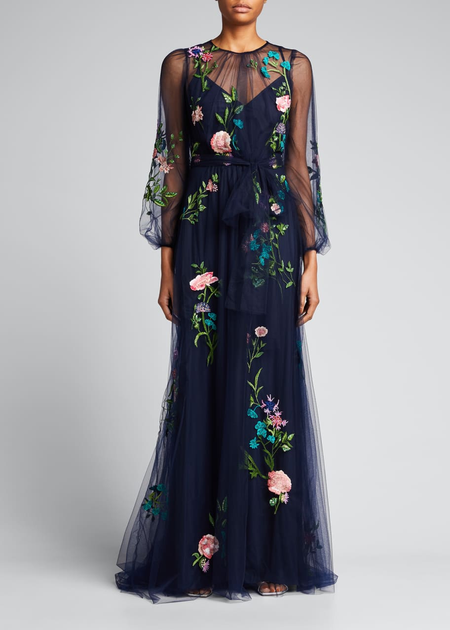 Image 1 of 1: Embroidered Puff-Sleeve Tulle Gown