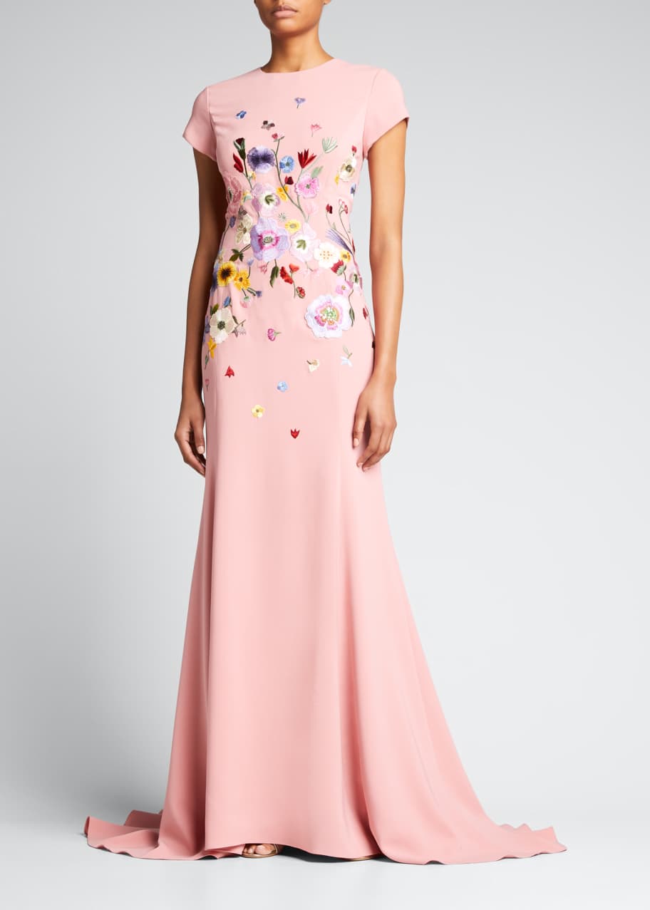 Oscar de la Renta Pressed Flower-Embroidered Cap-Sleeve Gown - Bergdorf  Goodman