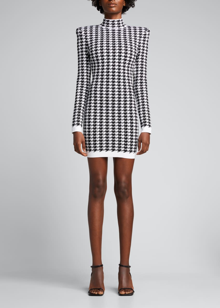 Balmain Women Black And White Halterneck Mini Dress With Houndstooth Motif In Tweed And Satin Woman