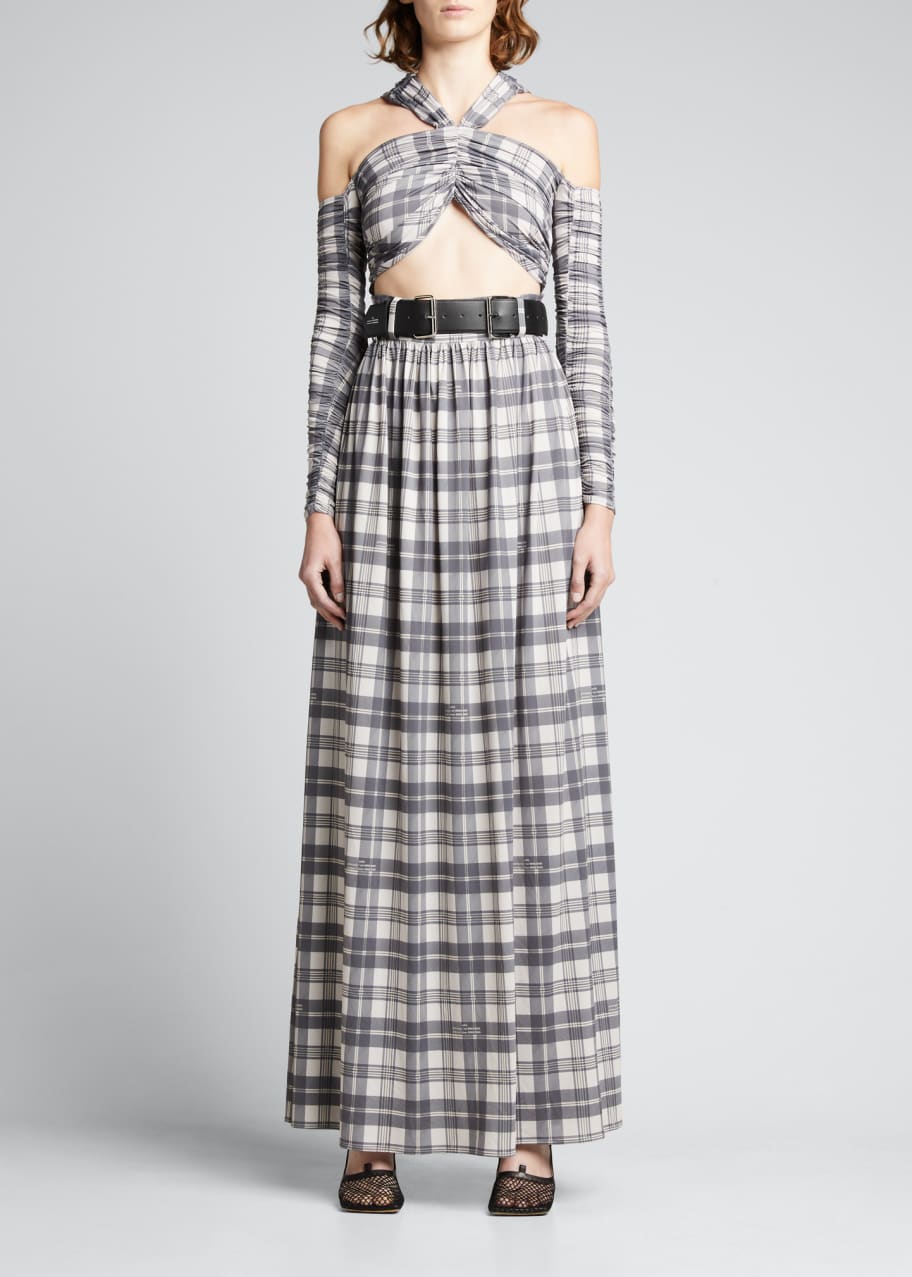 Rokh Plaid Cold-Shoulder Halter Dress w/ Belt - Bergdorf Goodman