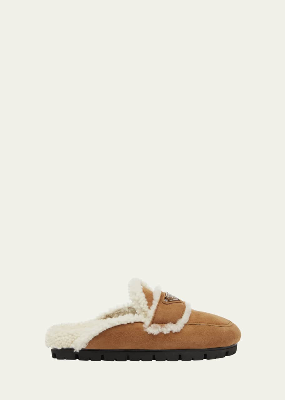 サンダル・ミュール PRADA SUEDE AND SHEARLING FLAT MULES Prada Shearling Mules | Neutrals | FARFETCH
