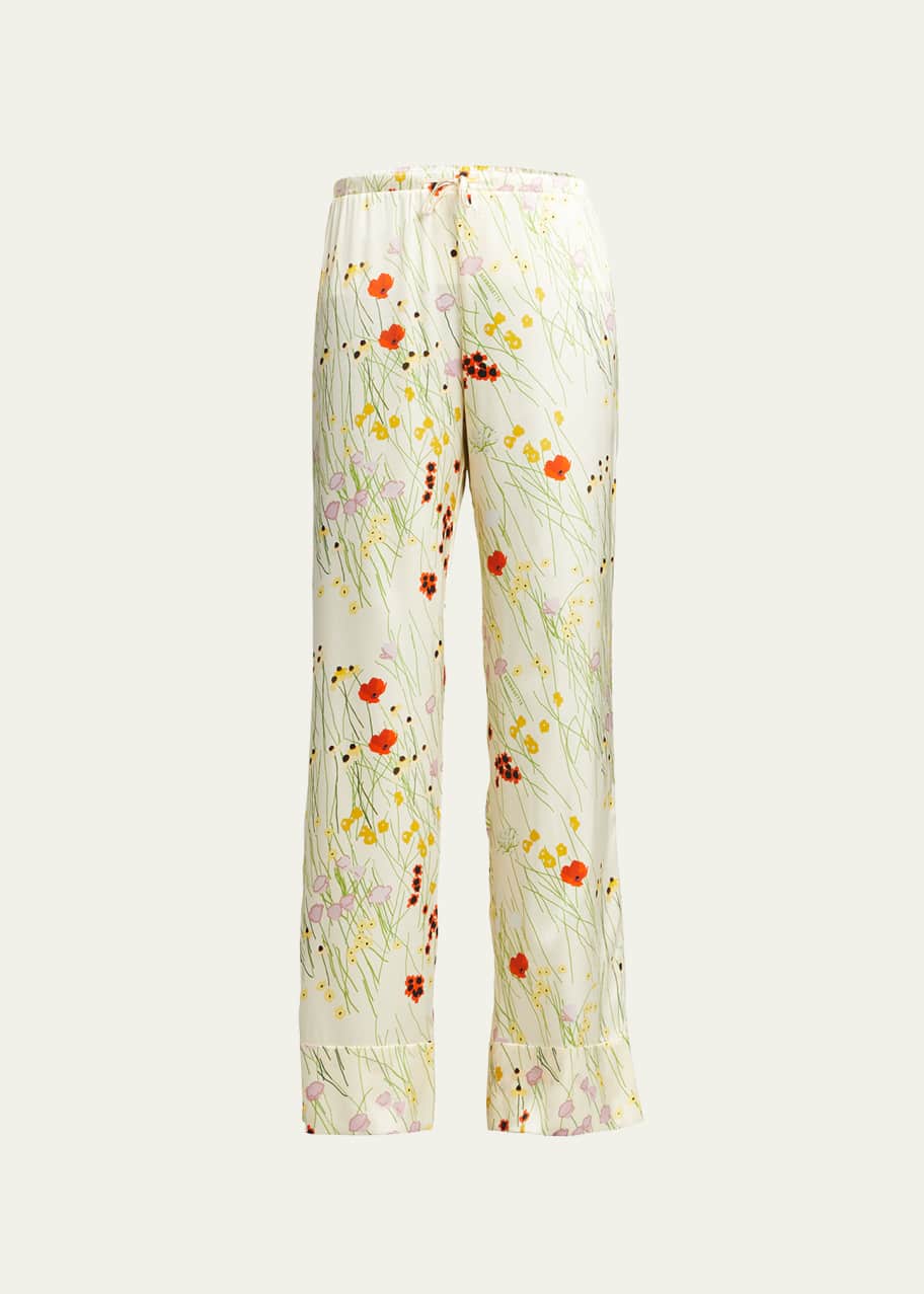 Image 1 of 1: Bouquet-Print Silk Pajama Pants