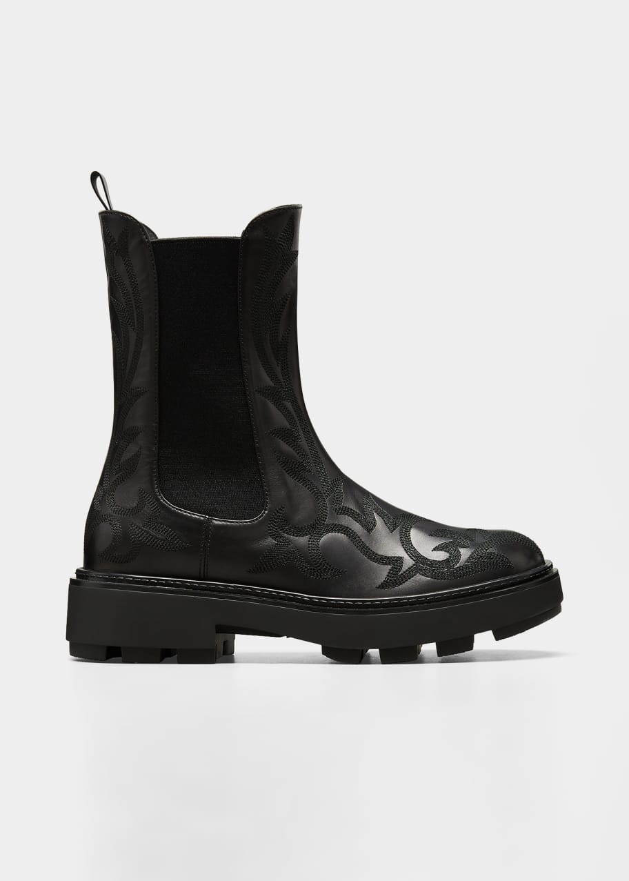 Flame Embroidered Leather Chelsea Booties