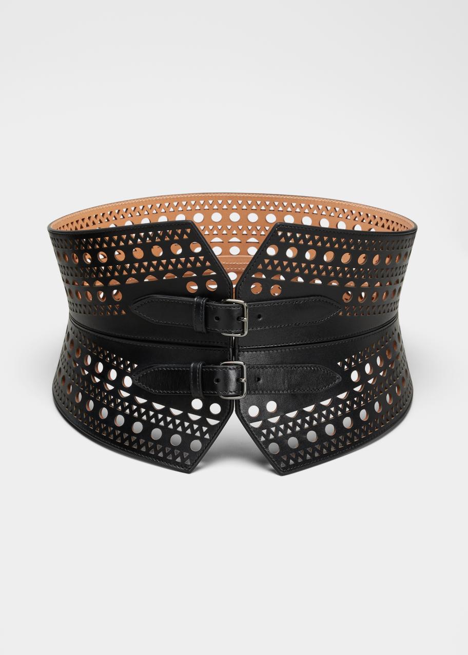 ALAÏA Lasercut Wide Two-Buckle Leather Corset Belt - Bergdorf Goodman