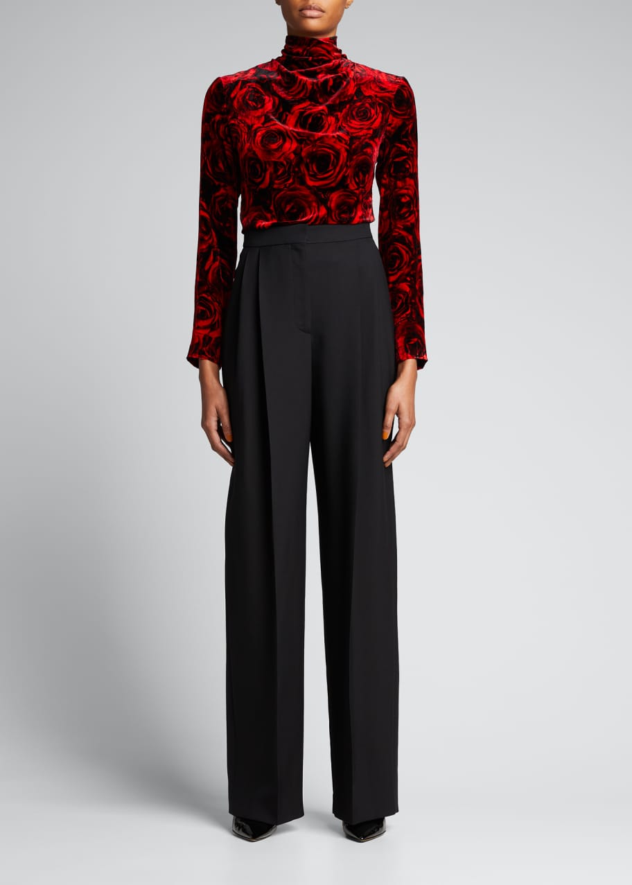 Floral-Printed Velvet Turtleneck Top