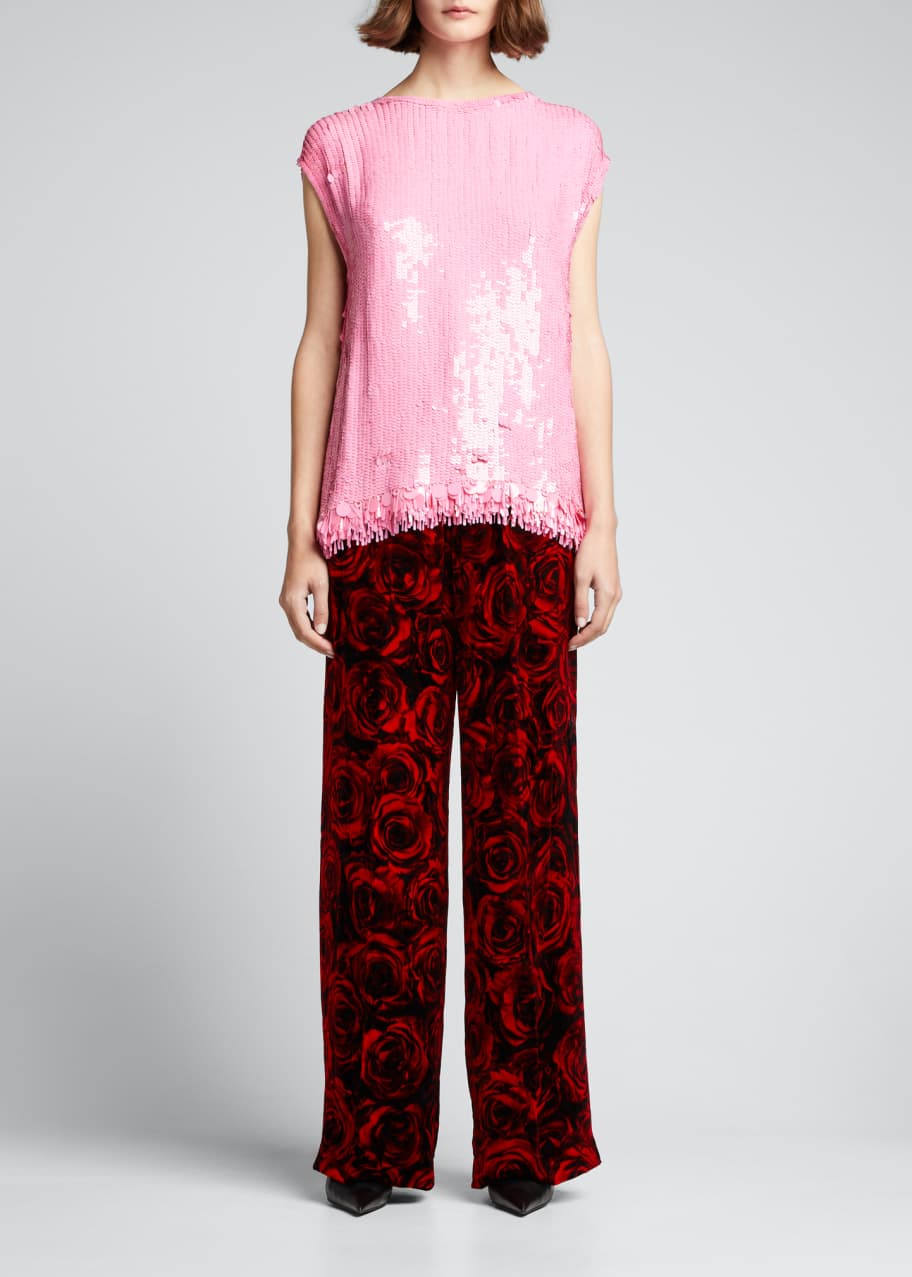 Rose Print Velvet Drawstring Trousers