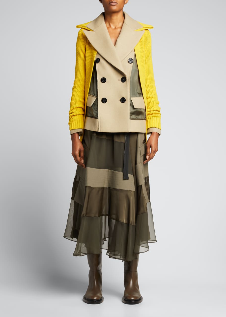 Mixed-Media Double-Breasted Wool Melton Jacket