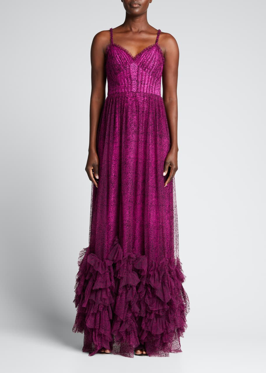 Sleeveless Flocked Polka Dot Tulle Gown