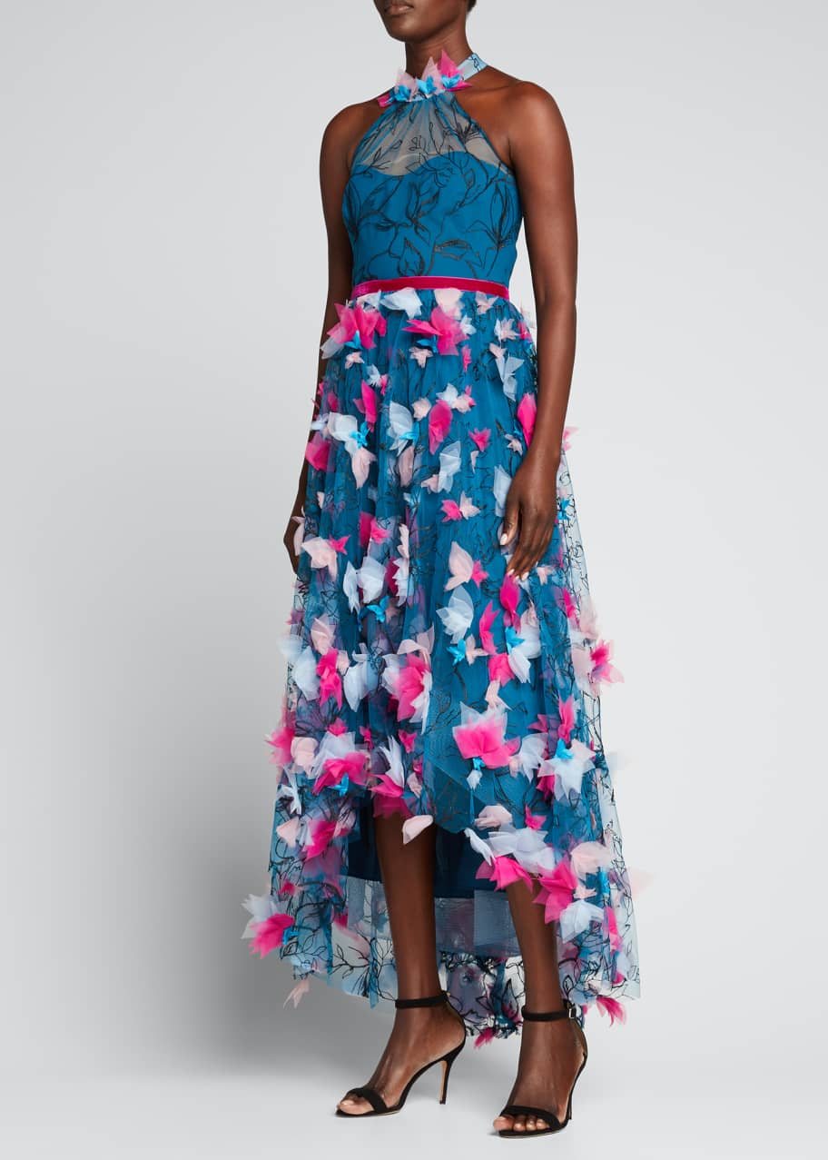 Marchesa Notte High-Low Printed Tulle Halter Gown - Bergdorf Goodman