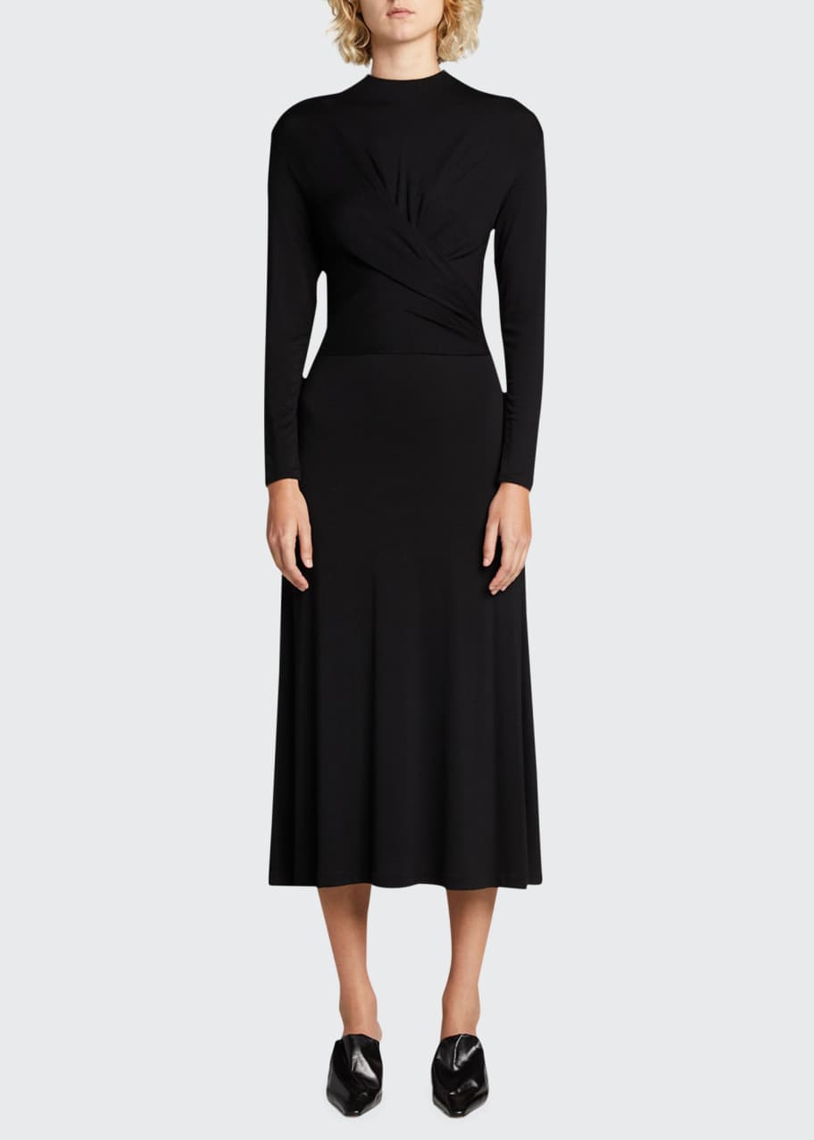 vince long sleeve draped dress Vince Women's Draped Wool-Blend Crewneck Midi-Dress - Black