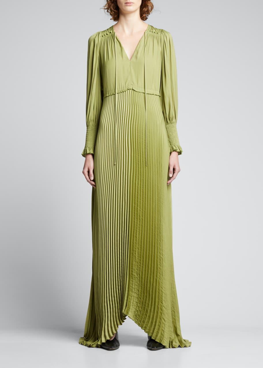 Pleated Sateen Long Sleeve Dress