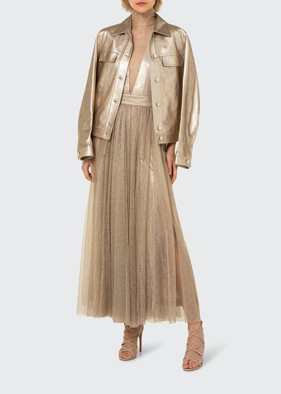 Image 1 of 1: Metallic Pleated Tulle Maxi Skirt