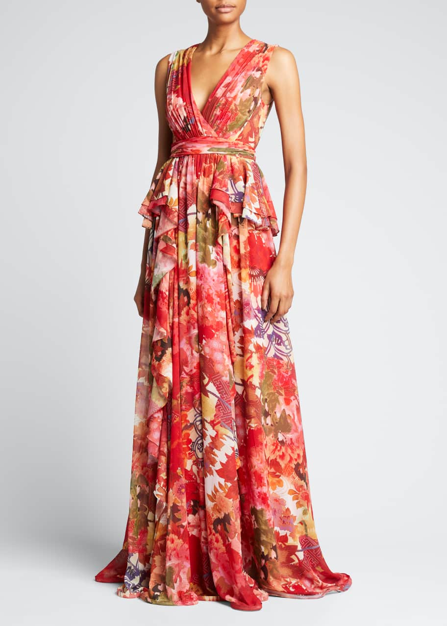 Badgley Mischka Collection Floral Georgette Cascading Ruffle Gown -  Bergdorf Goodman