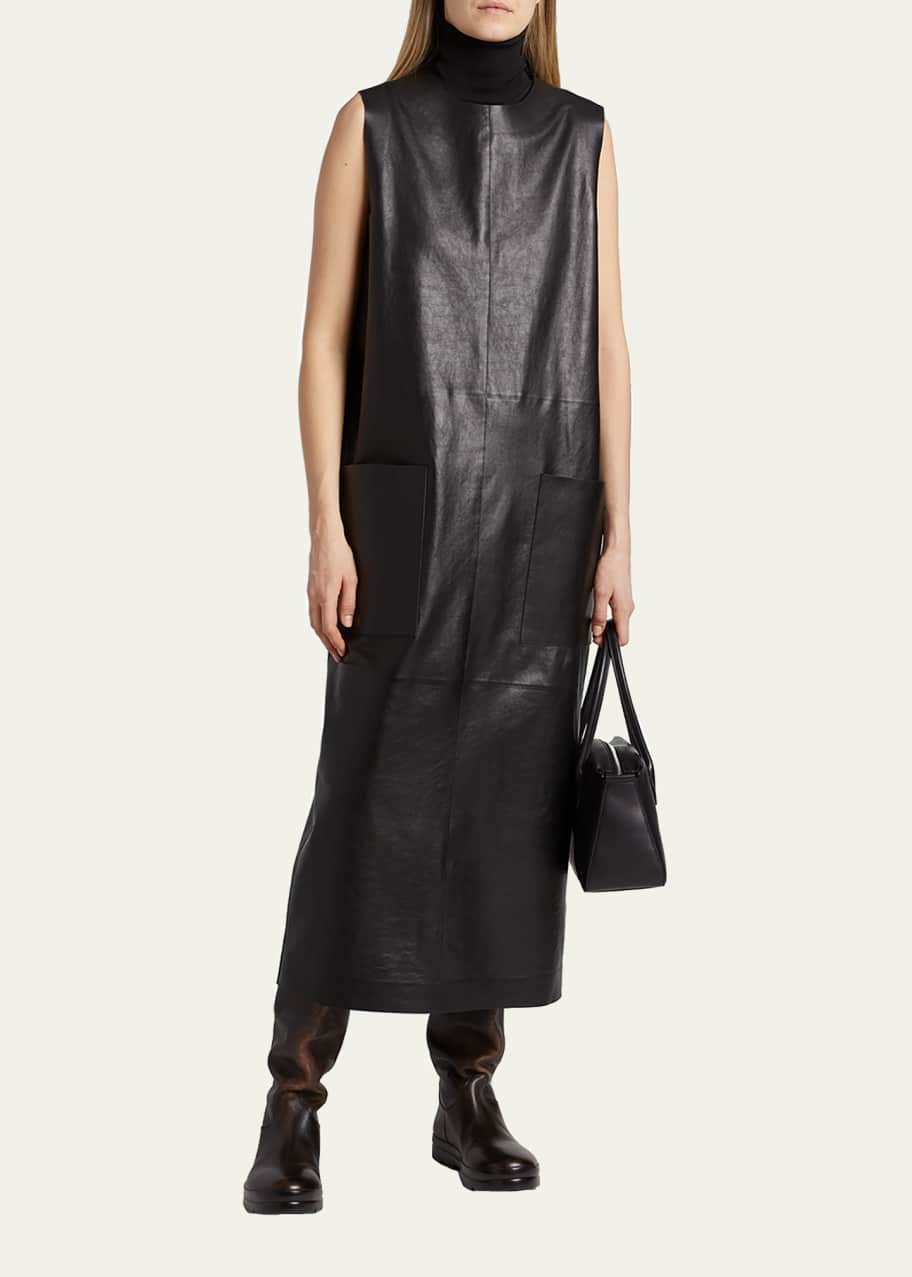 THE ROW Worthy Leather Midi Shift Dress - Bergdorf Goodman
