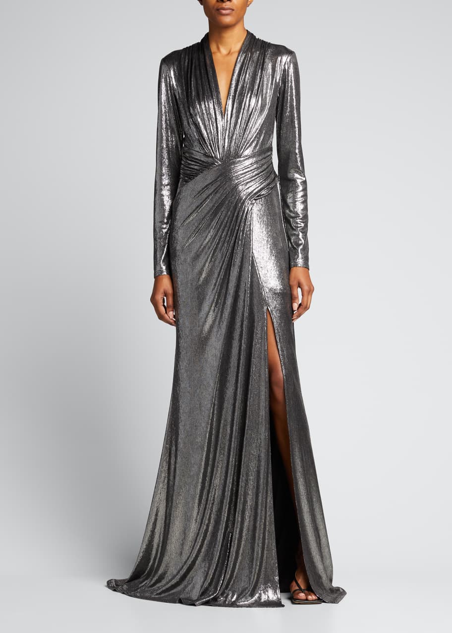 Tadashi Shoji Metallic Jersey V-Neck Gown - Bergdorf Goodman