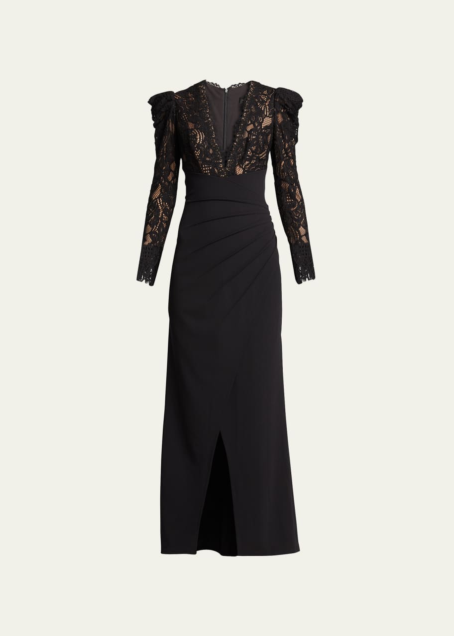 Tadashi Shoji Scallop Lace V Neck Long Sleeve Crepe Gown Bergdorf Goodman