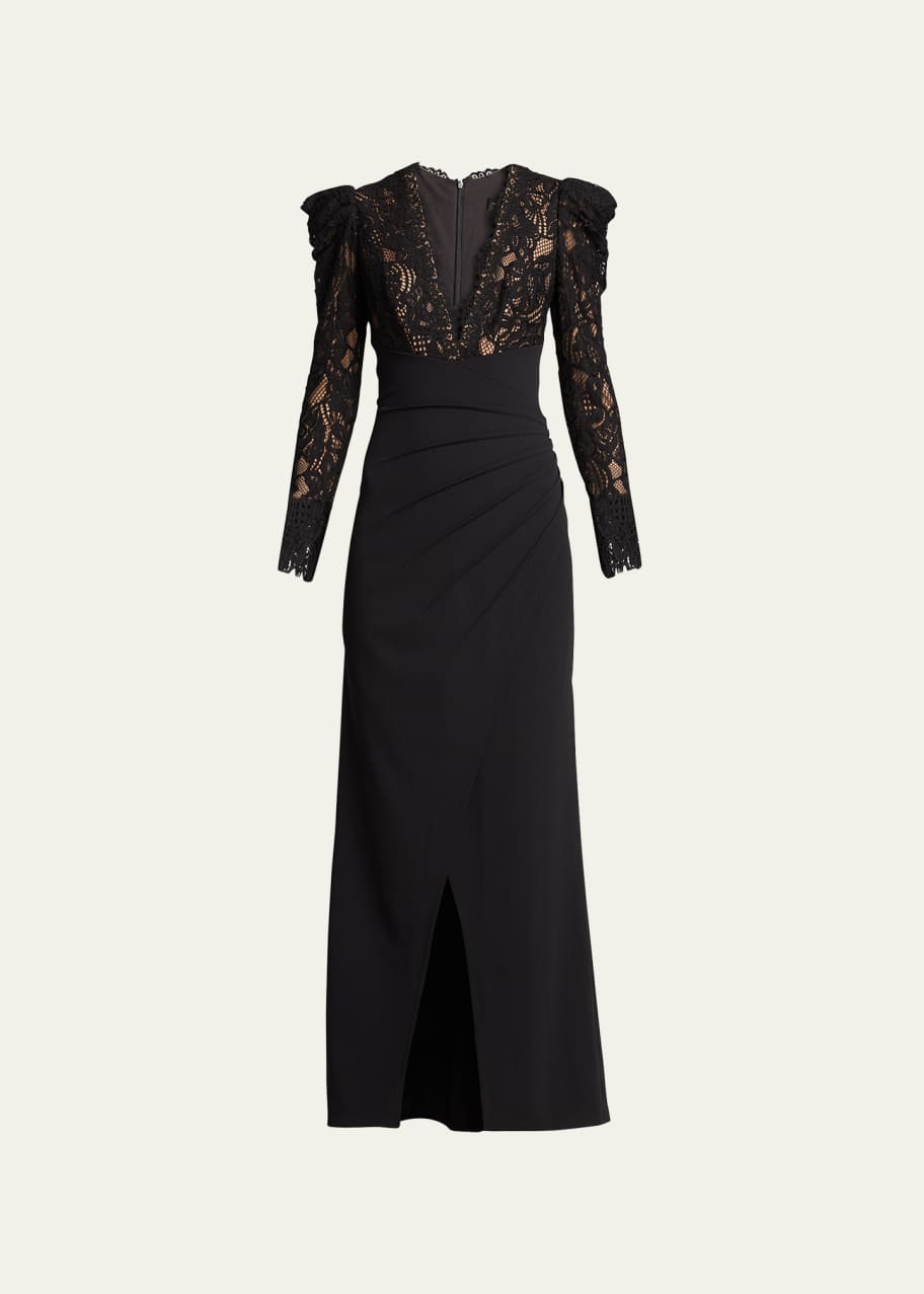 Tadashi Shoji Scallop Lace V-Neck Long-Sleeve Crepe Gown - Bergdorf Goodman