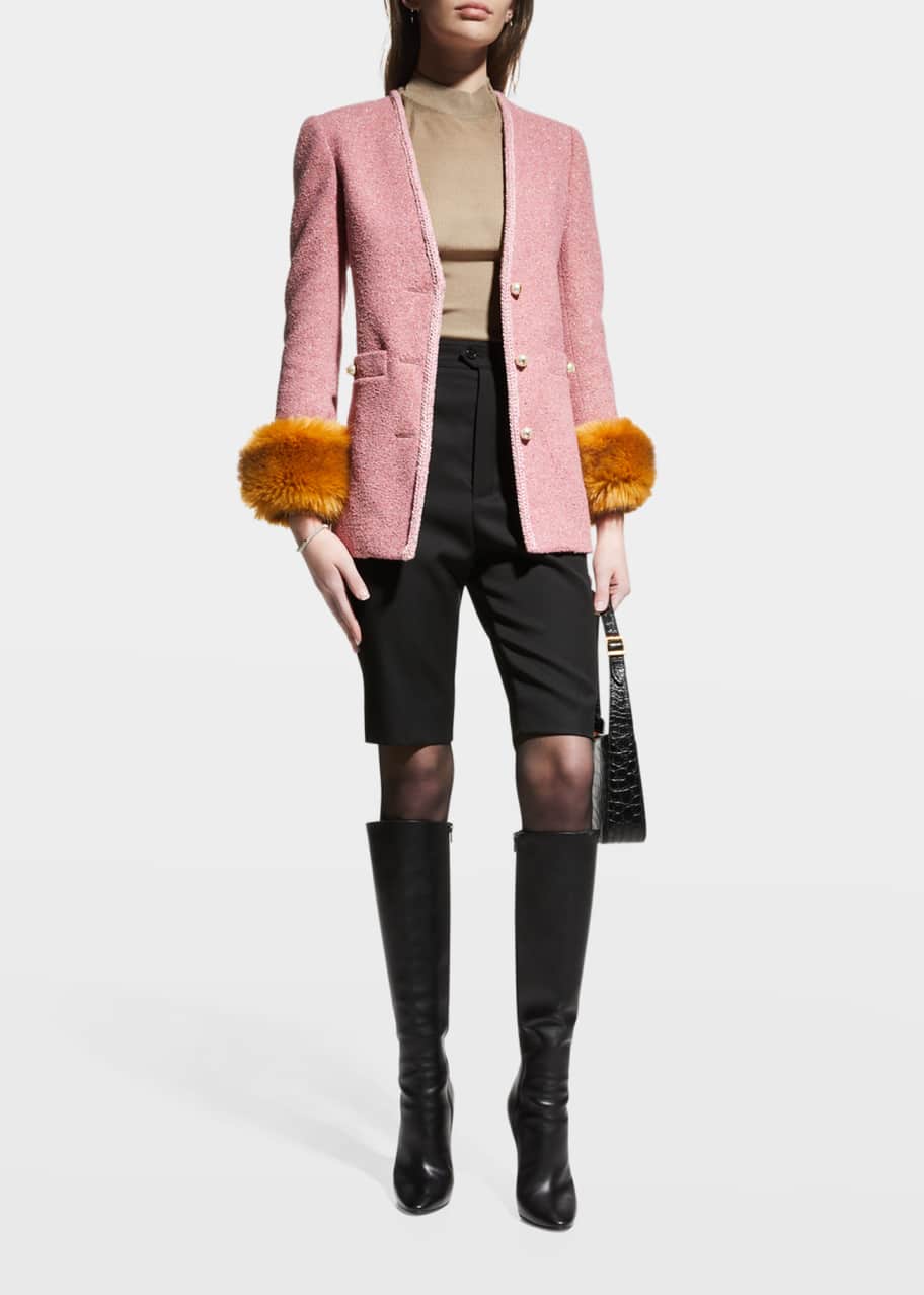 Saint Laurent Metallic Tweed Jacket w/ Faux Fur Cuffs - Bergdorf