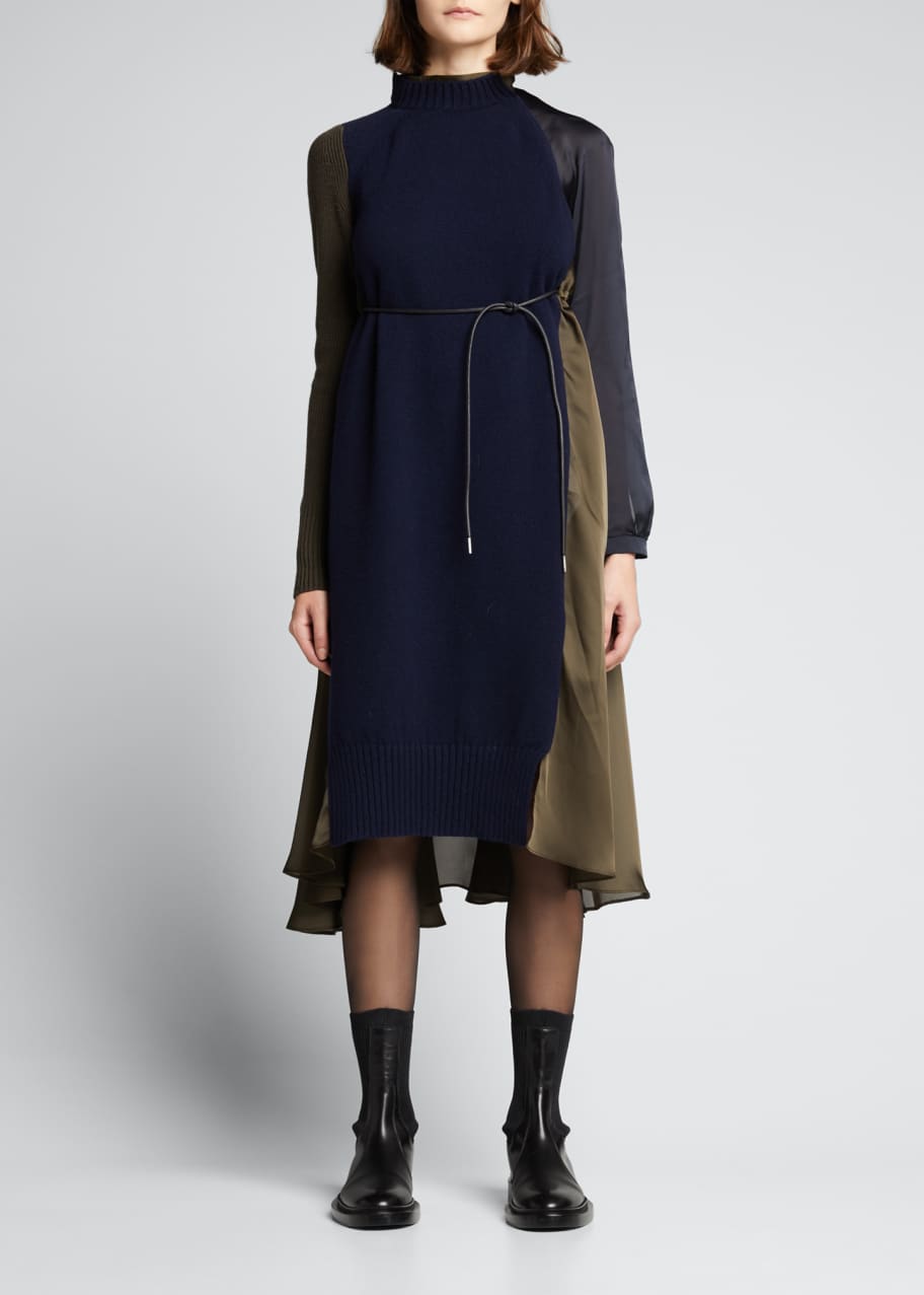 Mock-Neck Satin Tie-Waist Sweater Dress