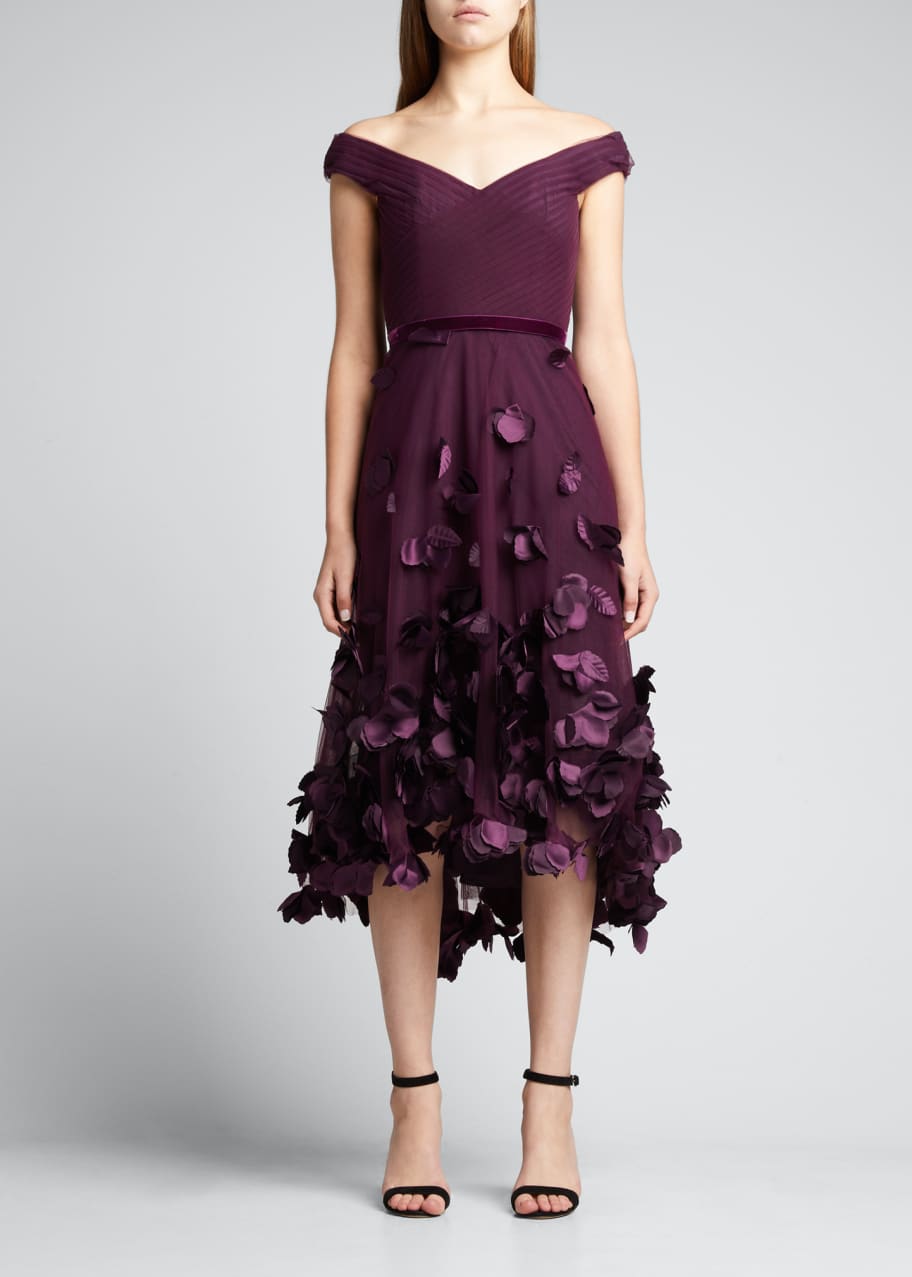Marchesa Notte Off-Shoulder High-Low Dress w/ 3D Flowers - Bergdorf Goodman