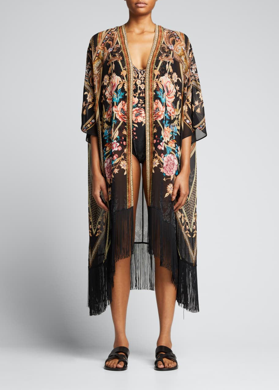 Camilla Open-Front Long Silk Kimono with Fringe - Bergdorf Goodman