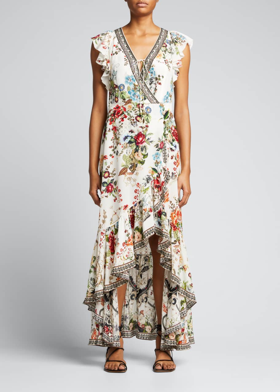 camilla silk wrap dress Ruffled printed silk crepe de chine maxi wrap dress - turquoise