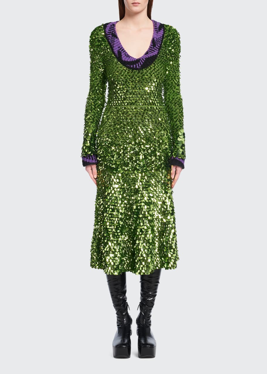 Prada Sequin-Embellished Jacquard-Trimmed Midi Dress - Bergdorf Goodman