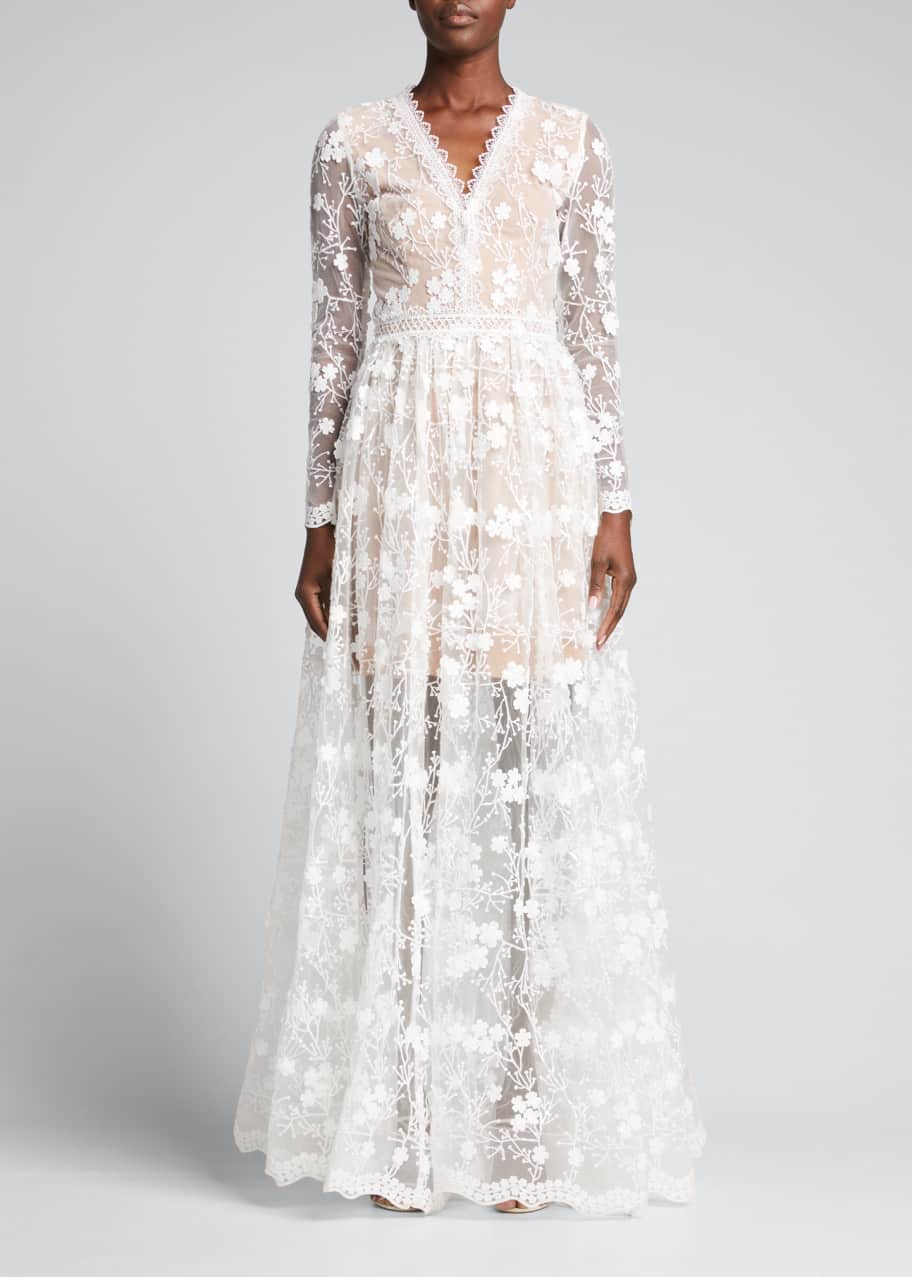Bronx and Banco Poppy Long-Sleeve Embroidered Mesh Gown - Bergdorf Goodman