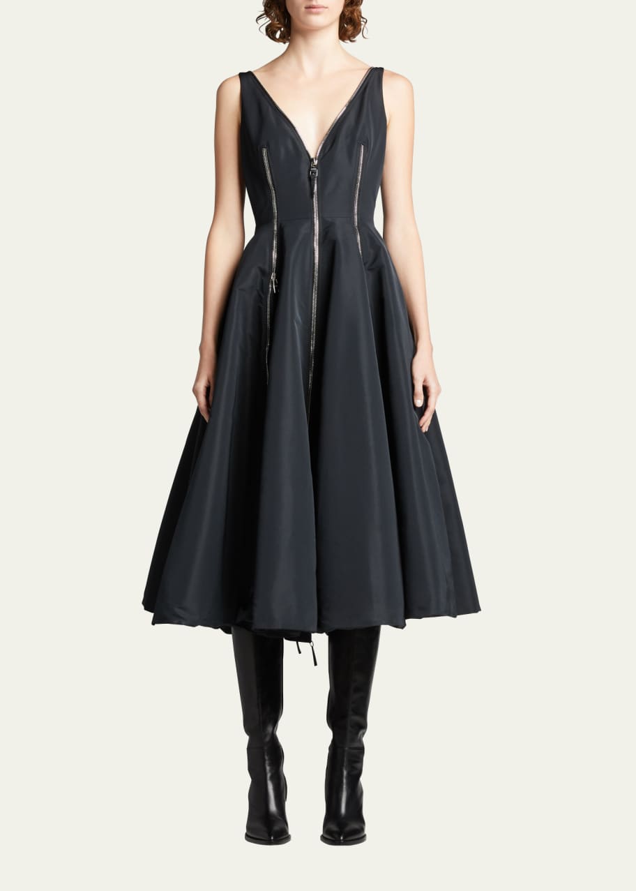 Alexander McQueen V-Neck Midi Dress w/ Zip Detailing - Bergdorf Goodman