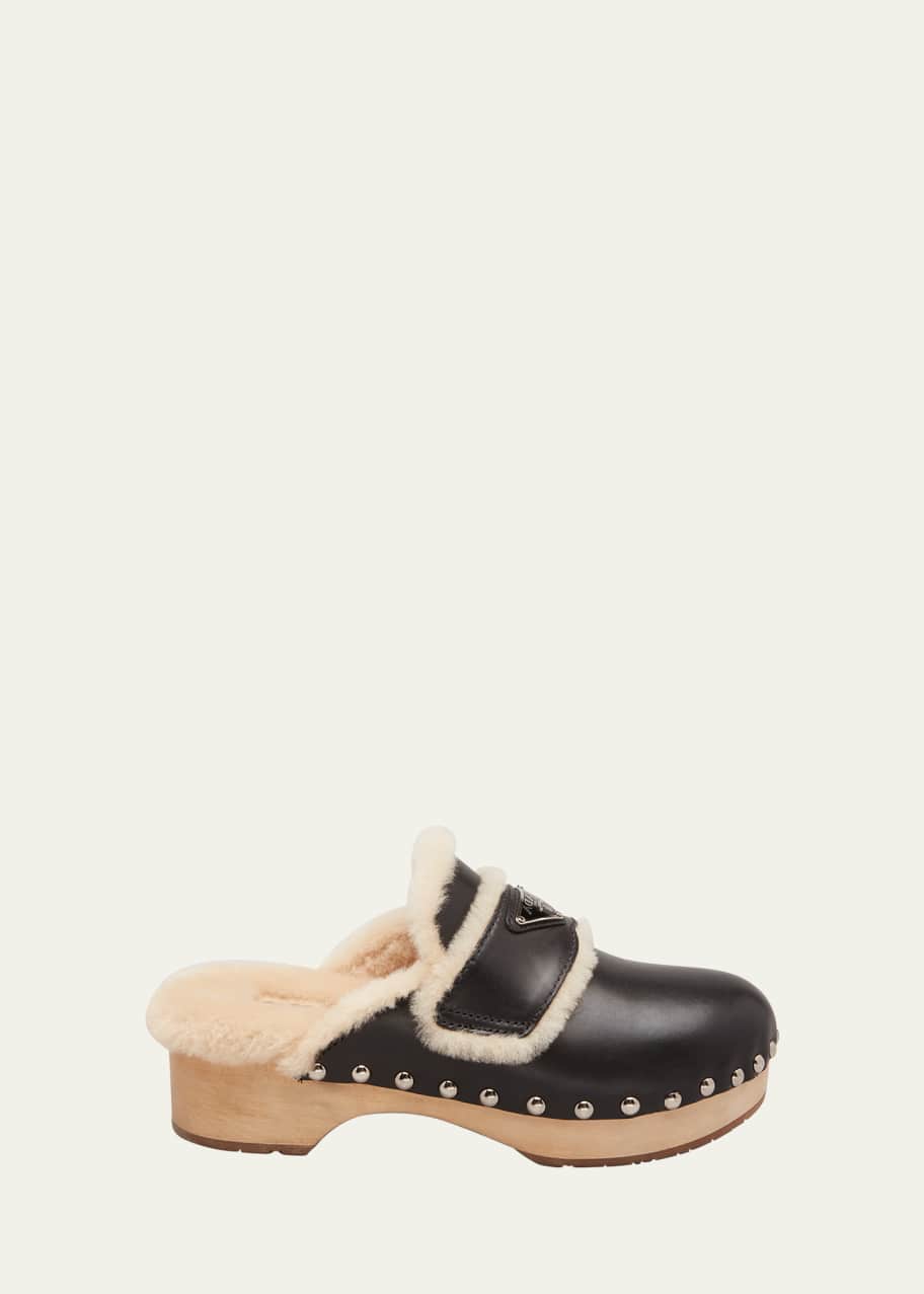 Prada Leather Shearling Logo Mule Clogs - Bergdorf Goodman