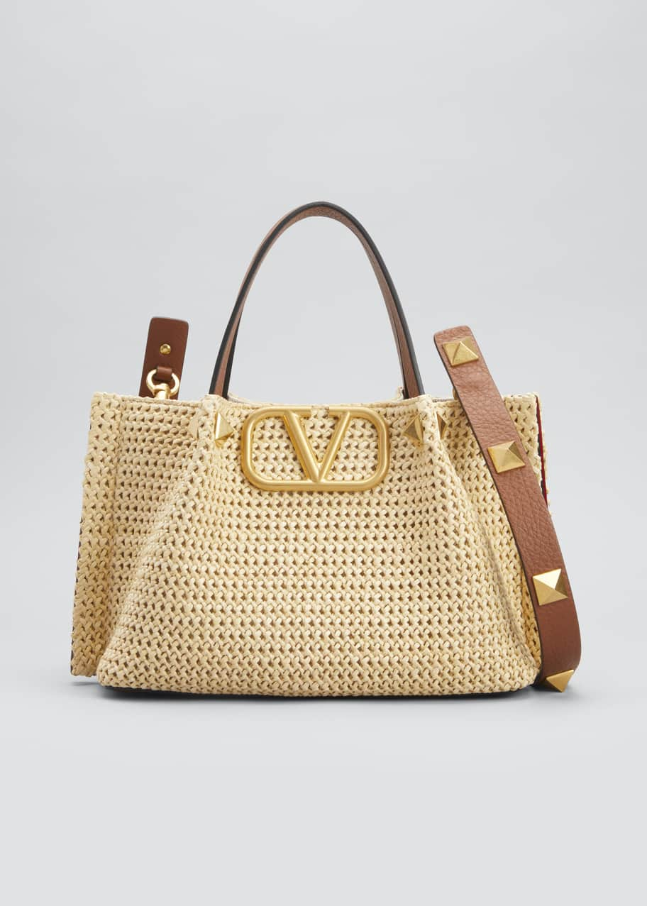 Valentino Garavani Summer Medium Roman Stud VLOGO Raffia Tote Bag ...