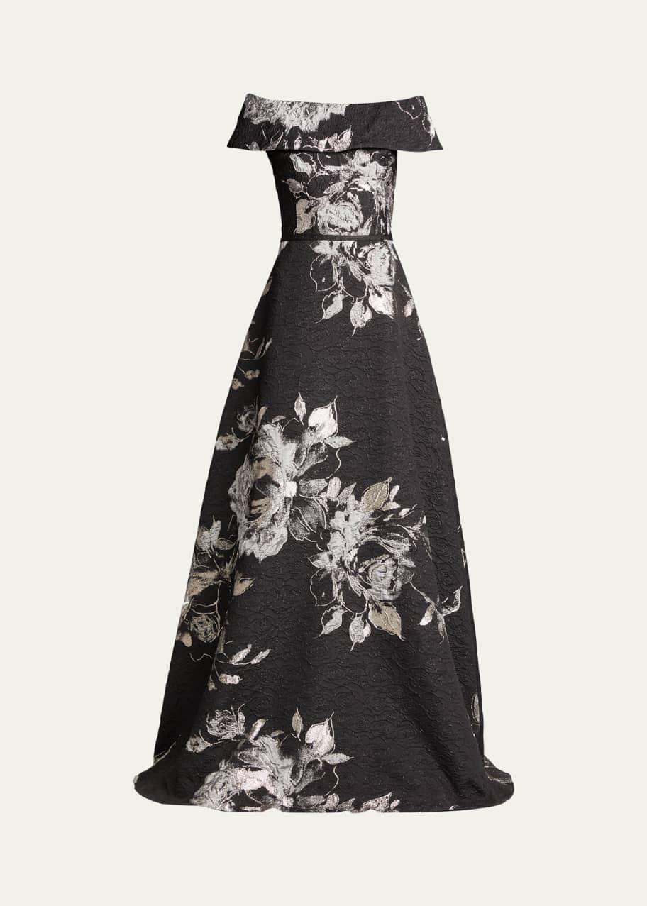 Rickie Freeman for Teri Jon Off-Shoulder Metallic Flower Jacquard Gown in  2023