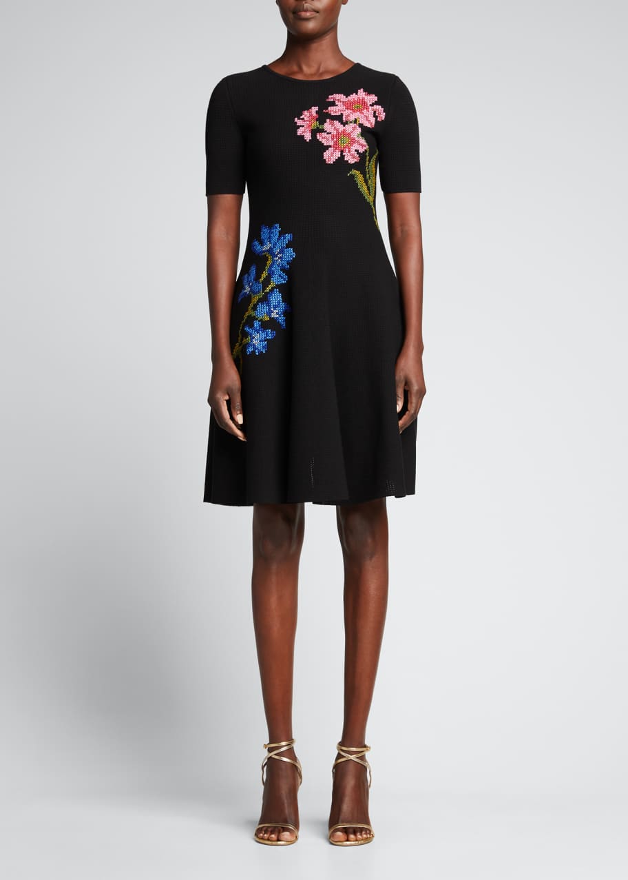 Oscar de la Renta Floral Cross Stitch Pointelle Dress