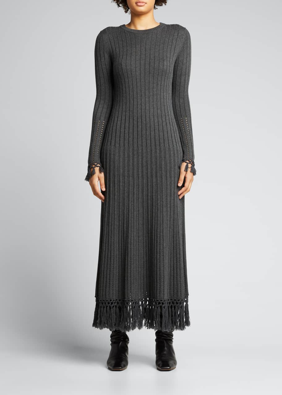 Lela Rose Tassel Fringe Silk-Cashmere Midi Dress - Bergdorf Goodman