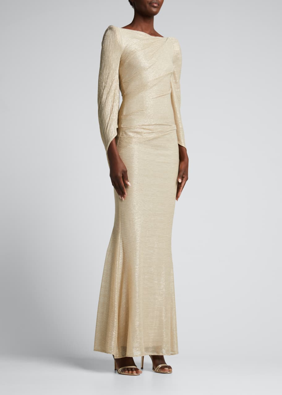 Talbot Runhof Metallic Draped-Sleeve Pleated Voile Gown - Bergdorf Goodman