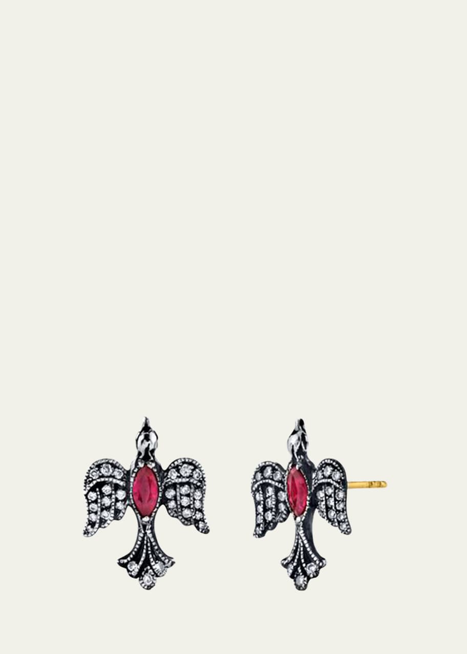Image 1 of 1: Diamond and Ruby Baby Bird Stud Earrings